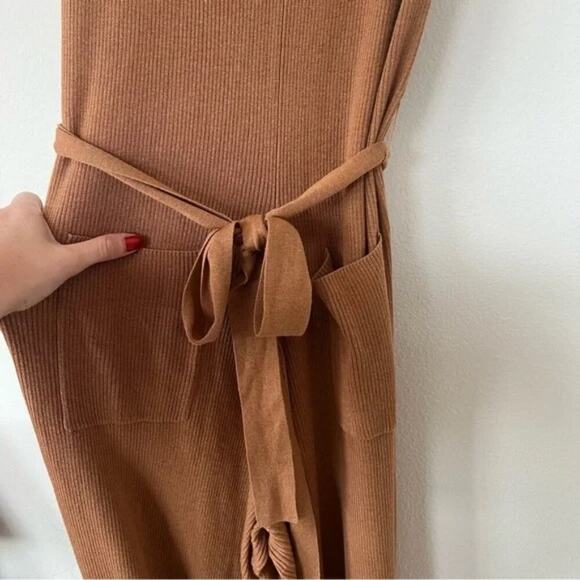 Naadam Silk Cashmere Ribbed Belted Jumpsuit in Dark Ginger - Picture 5 of 6